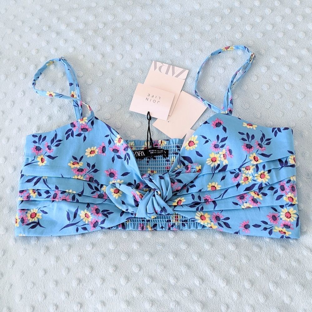 New ZARA Blue floral crop top bra smocked back adjustable straps sz Large C5